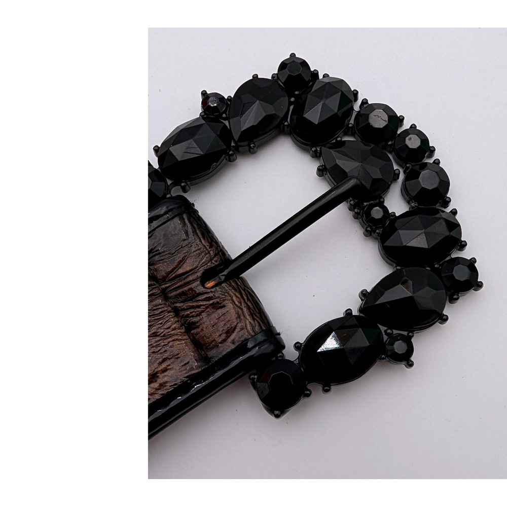 Chico's Embossed Croc Belt Black Jeweled Buckle Bronze Metallic Leather Backed